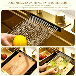 Fregadero de Estación de Trabajo Rectangular OEM de Acero Inoxidable SUS304/SUS201 con Acabado PVD Dorado, Lavavasos Integrado, Tablero de Madera con Múltiples Orificios y Antihuellas, Venta al por Mayor - Product Image 5