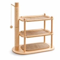Lit pour chat en bois naturel à 3 niveaux, tour à gratter en sisal, hamac en jute, jouet à suspendre avec balle pour chats d'intérieur