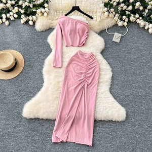 Set da donna estiva con scollo Slant <span class=keywords><strong>Top</strong></span> corto <span class=keywords><strong>a</strong></span> <span class=keywords><strong>vita</strong></span> <span class=keywords><strong>alta</strong></span> Modulare <span class=keywords><strong>gonna</strong></span> <span class=keywords><strong>lunga</strong></span> 2 pezzi - Product Image 2