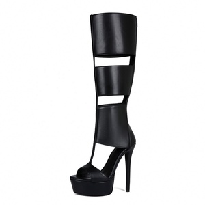 Sandales bottes à <span class=keywords><strong>talon</strong></span> plateforme pour <span class=keywords><strong>femme</strong></span>, style européen, sexy, à larges rayures noires, tendance, grande taille 44 - Product Image 1