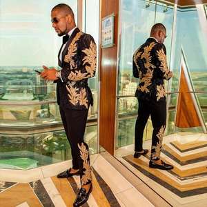 HD294ストックリアルテルノMasculinoシャイニースパンコールグリーンアップリケスーツメンズウエディングタキシード花婿セット2ピース (ブレザーパンツ) - Product Image 3