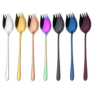 304 altın kaplama metal spork paslanmaz çelik salata servis kaşığı