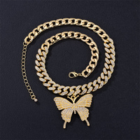 Hip Hop Icy Bling Bijoux Hommes De Luxe Plaqué Or Strass Diamant Papillon Pendentif Avec Prong Cubain Collier Chaîne