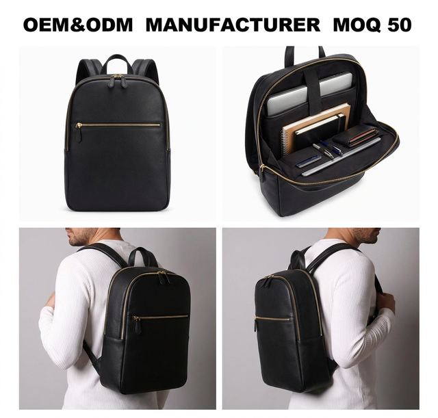 Custom Minimalist Men's Black Vegan Pu Leather Big Capacity Durable Rucksacks Commuting Backpack with Laptop Compartment