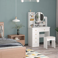 Prix usine 2026 Coiffeuse moderne européenne en bois avec miroir éclairé, étagères, tiroirs et tabouret pour chambre et hôtel