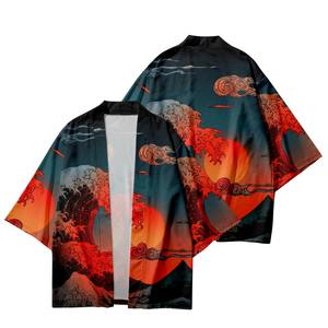 Kimono traditionnel japonais pour hommes et femmes, Streetwear, Yukata, Kanagawa, Cardigan japonais imprimé soleil rouge, Cosplay Haori samouraï - Product Image 3