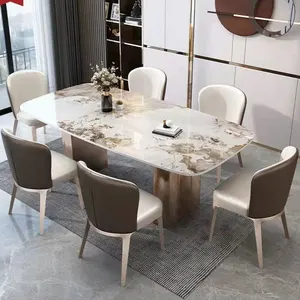 Top Eettafel Frame En 6 Stoelen Nieuw Luxe Huis Meubilair Rechthoekig Marmer Met Roestvrij Staal Moderne 1 Set Eetkamer