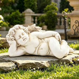 Statua in Resina di Cherubino Dormiente, Figurina di Angioletto Bianco Anticato per Giardino e Casa, Scultura Commemorativa Tranquilla - Product Image 1