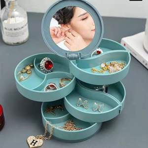 Boîte à bijoux rotative à 360 degrés en plastique avec miroir, organiseur pour boucles d'oreilles, colliers, bracelets, rangement de bijoux - Product Image 1