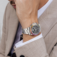 Montre chronographe automatique mécanique pour homme Bonest Gatti, boîtier en acier inoxydable, cadran squelette, lunette sertie de pierres colorées, luminescente BG8018