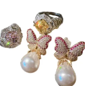 Latest Luxury Jewelry 18K Gold Plated Rose Flower Garnet Butterfly Pearl Papalacha Pink Gemstone Earring Big Carat Diamond Ring