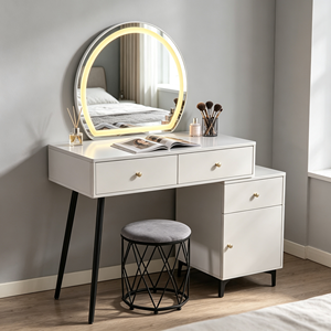 Modern Makeup <b>Vanity</b> With Lighted Oval <b>Mirror</b> Storage Drawers Bedroom <b>Dressing</b> <b>Table</b> With Stool - Product Image 2