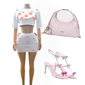 JHFS-Conjunto de 2 Piezas para Mujer, Traje Sexy Y2K, Camiseta Rosa 3D y Falda Corta, Diseño de Vendaje con Cordones - Product Image 1