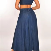 Nouvelle Arrivée Robe Midi en Jean d'Été de Haute Qualité, Style Rétro Noble, Col Revers, Sans Manches, Taille Découverte, Fendue, Délavée à l'Acide, Modeste, Couleur Unie
