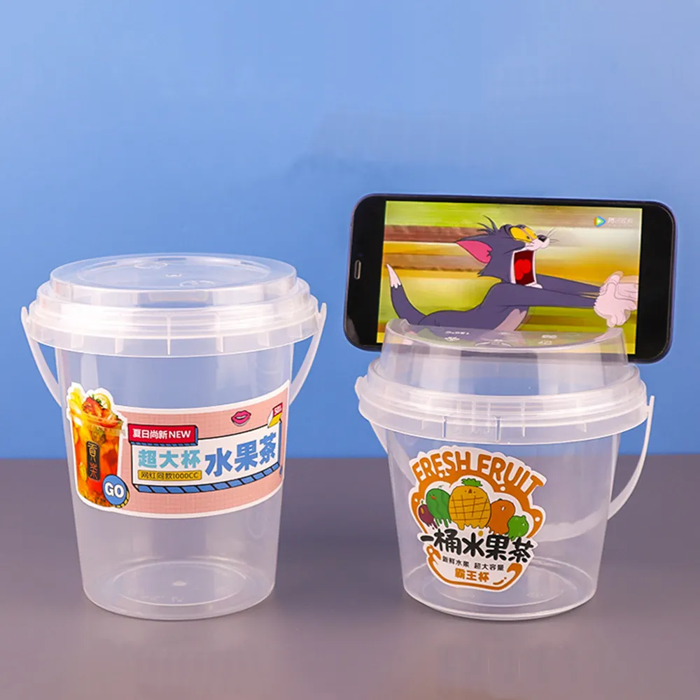 Custom 32Oz Clear Fruit Emmers Cups Met Handvat Groothandel Wegwerp Bubble Thee Drinks Plastic Bakjes Met Deksels