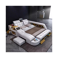 Lit intelligent multifonctionnel de luxe, taille king, design moderne, plateforme inclinable, cadre en bois, revêtement en cuir, lit de massage doux