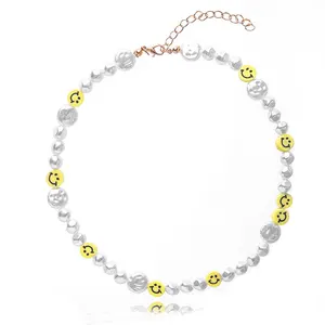 Fait à la main Boho sourire visage azur pierre fleur mauvais œil or Y2k bijoux résine perle polymère argile cou dentelle collier pour hommes femmes