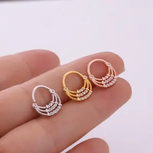 Cincin Tindik Hidung Lapis Emas Perak dan Mawar 8Mm Cz Hoop Septum Nostril untuk Hidung Telinga Heliks Tulang Rawan Tragus Ring