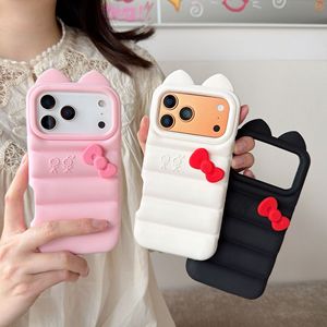 Cover per iPhone 13 14 15 16 17 Pro Max in silicone morbido 3D a forma di gatto con fiocco, antiurto e anti-scivolo - Product Image 1