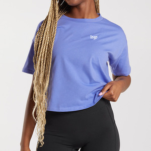 Haut court personnalisé surdimensionné blanc Gym Crop hauts T-Shirts femmes été Offre Spéciale femmes <span class=keywords><strong>Tee</strong></span> femmes solides T-Shirts courts - Product Image 1