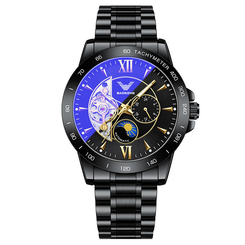 Aiguille dorée, ceinture en acier, lumière bleue, couleurs éblouissantes