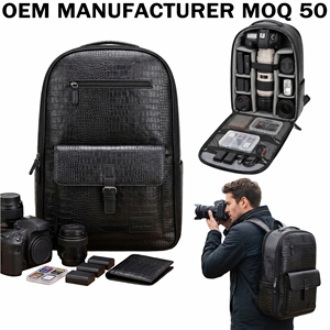 Sac à dos pour <span class=keywords><strong>appareil</strong></span> <span class=keywords><strong>photo</strong></span> en <span class=keywords><strong>cuir</strong></span> PU de qualité supérieure personnalisé, texture crocodile noir, multifonctionnel, pour usage professionnel - Product Image 1
