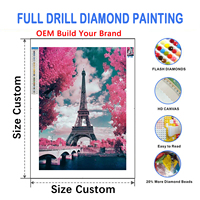 Peinture Diamant Moderne Tour Eiffel, Art Mural en Tissu, Arbres Roses, Pont, Rivière, Photographie Infrarouge, Ciel Dégradé, Style Romantique