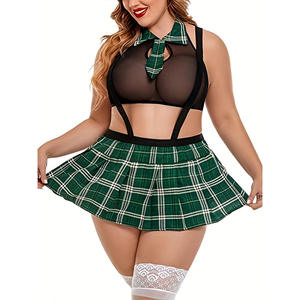 Ensemble de lingerie sexy en maille à manches courtes, taille plus, jupe à bretelles à carreaux d'écolière - Tenue de jeu de rôle pour femmes adultes, vente en gros - Product Image 2