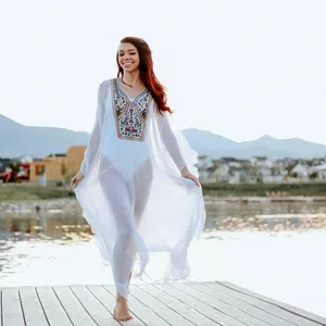 Beyaz şifon nakış elbise See Through seksi plaj kaftan Bikini gevşek Fit büyük boy plaj Maxi elbise