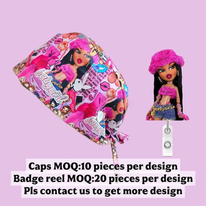 Gorros Quirúrgicos con Forro de Satén, Diseño Personalizado de Enfermera de Dibujos Animados con Porta-Credenciales a Juego, Personaje Impreso - Product Image 3