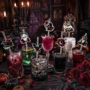 Suministros: Juego de 24 Pajitas de Papel Desechables con Diseño de Calavera, Murciélago y Rosa en Blanco y Negro, Estilo Gótico para Halloween - Product Image 3