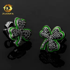 Stylish Black Cz Micro pave Iced Out Green Enamel Clover Stud Earrings For Men