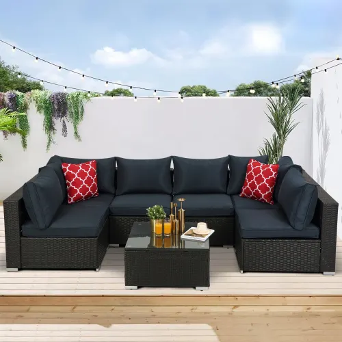 Coolmore móveis para jardim pátio, conjunto de sofá acolchoado seccional com 2 travesseiros e mesa de café, pe rattan, 7 peças