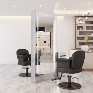 Miroir de barbier à cadre rectangulaire noir nouvellement conçu Station avec miroir de <span class=keywords><strong>salon</strong></span> double face avec lumières LED