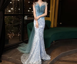 S3631Y <strong>SilverBlue</strong> Mermaid Evening Gown 3D Butterfly Tulle Neck Full Sequin Sparkly Formal Prom Dress With Detachable Tulle Train - Product Image 1