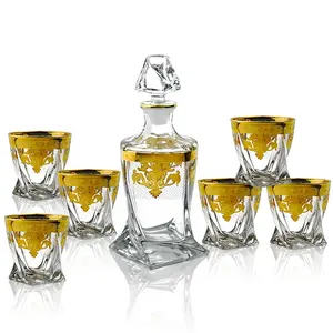 N33 luxury gold wine glass decanter set golden decal glass bottle and golden glass cup