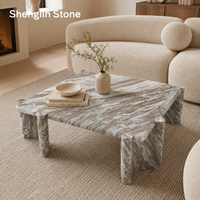 Table basse carrée sur mesure en marbre naturel, table centrale moderne en pierre massif, projet d'aménagement intérieur haut de gamme pour villa