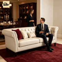 Sofa Chesterfield Klasik Amerika Kulit PU dengan Kancing Berumbai, Lengan Melengkung, Kaki Kayu Solid untuk Ruang Tamu dan Ruang Penerima Tamu