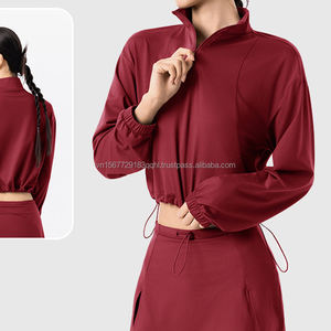 Top de yoga de manga larga con media cremallera para mujer, con dobladillo con cordón, forro polar fino, top deportivo cálido, ropa informal holgada para fitness - Product Image 3