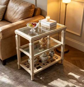 Cream <b>White</b> 3-Tier Glass Top End <b>Table</b> Living Room Accent Side <b>Table</b> with Lattice Shelf - Product Image 1
