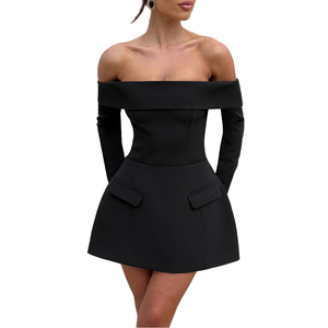 Robe longue à épaules dénudées noire de qualité supérieure 4853 pour femmes, robe mini élégante évasée pour les soirées, les fêtes et le bureau - Product Image 1