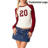 Camiseta Corta de Manga Larga para Mujer de Alta Calidad con Estampado de Números, Bloques de Color, Ajuste Delgado, Estilo Béisbol, Vintage, Casual, Streetwear