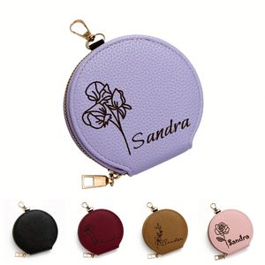 Petite pochette à monnaie personnalisée gravée au laser avec fleur de naissance, porte-clés en cuir tendance, fermeture éclair minimaliste - Product Image 1