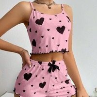 Ensemble pyjama Ladymate ODM OEM avec imprimé cœur, haut de pyjama et short, tenue de nuit sexy pour femmes