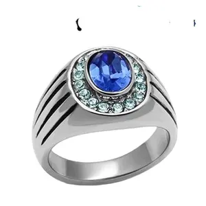 时尚珠宝，蒙大拿蓝 & 水蓝色水晶男士不锈钢戒指男士结婚戒指蓝色和银色