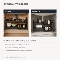 Organisateur de rangement sous évier extensible en acier au carbone à 2 niveaux avec panier coulissant en fil métallique, personnalisable avec logo OEM, pour armoire de cuisine