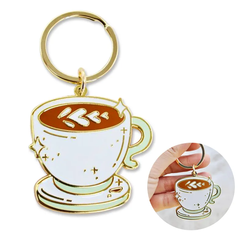 سلاسل مفاتيح معدنية لصداقة القهوة المينا سلسلة مفاتيح للقهوة ثلاثية الأبعاد 2d من سبائك الزنك البلاستيكية مع شعار مخصص صانع القهوة الخفيفة