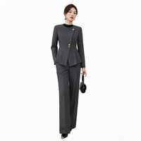 Ensemble de tailleur 2 pièces gris pour femmes, col rond, coupe ajustée, tenue professionnelle de bureau, image d'entreprise