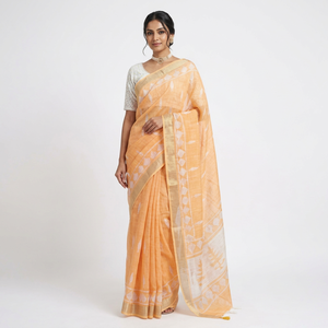 Sari en coton orange pour femme, imprimé blanc, longueur ras du sol, style traditionnel indien et pakistanais, élégant et recyclé, pour tenue décontractée - Product Image 1
