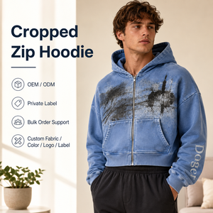 Felpa con Cappuccio Personalizzata OEM, Zip Corta, Effetto Lavaggio Acido, Stampa <span class=keywords><strong>Grafica</strong></span> Astratta a Schizzi d'Inchiostro, Ricamo sulle Maniche, Streetwear Casual - Product Image 1